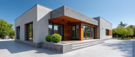 Modern Concrete and Wood Home Design Outdoor Background with Copyspace Minimalist Architecture photo