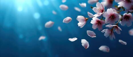 Delicate Cherry Blossoms Falling Expansive Blue Background Nature Scene Soft Copyspace for Design photo
