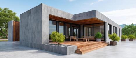 Modern Minimalist Home Design with Concrete and Wood Outdoor Setting Copyspace Background photo