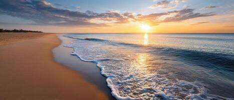 Sunrise at a Sandy Beach Tranquil Ocean Waves Scenic View Calm Background Copyspace photo