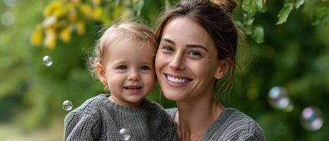 madre y niñito jugando al aire libre naturaleza antecedentes copyspace para recuerdos foto