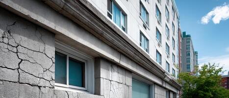 Modern Building Facade Cracks Urban Setting Architecture Image Clear Sky Background Copyspace photo
