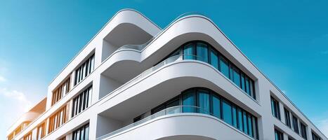 Futuristic Residential Complex with Sleek Curving Lines Urban Setting Building Design Blue Sky Background Copyspace photo