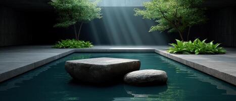Tranquil Zen Garden with Water Features Modern Architecture Calm Background Copyspace photo