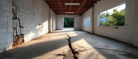 Abandoned Building Interior with Cracked Floor Urban Environment Photo Background Copyspace