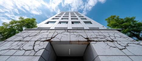 Cracked Facade of a Modern Building Urban Setting Architectural Photography Bright Background Copyspace photo