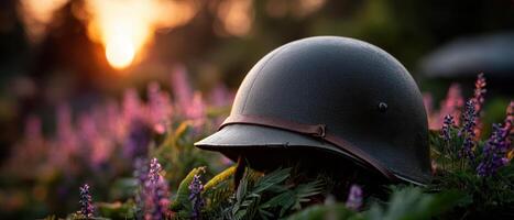 Sunset Over a Field of Flowers with a Helmet Nature Background Copyspace Elegant View photo