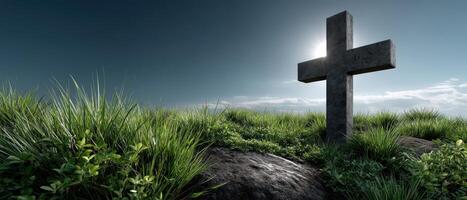 Serene Cross on Grassy Hill Background Copyspace for Reflection Nature Scene Tranquil Environment photo
