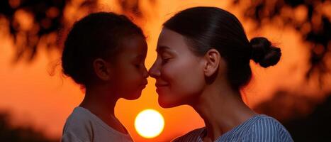 Tender Moment of Mother and Child Silhouetted Against Sunset Background with Copyspace photo