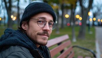 A Thoughtful Man with Beanie and Glasses in a Park Portrait with Background Copyspace photo