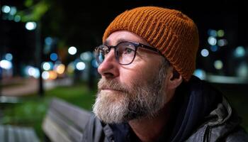 Thoughtful Man in Beanie and Glasses Relaxing at Night Urban Background Copyspace photo