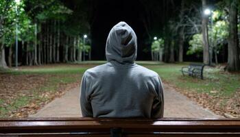 man in Hooded Sweatshirt Park at Night Photo with Background and Copyspace