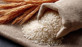 Freshly Harvested Rice Grains on Burlap Background with Copyspace in Natural Setting photo