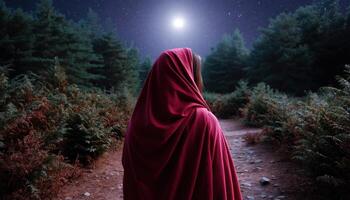 Moonlit Walk of a Woman in Shawl Through Enchanted Forest with Background Copyspace photo