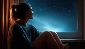 Woman Gazing at Cloudy Night Sky from Window Ledge High Fidelity Background Copyspace photo