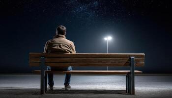 Solitary Man Contemplating Under Stars Night Park Photo with Background and Copyspace