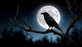 Solitary Crow Silhouetted Against Full Moon Night Scene Nature Photography Background Copyspace photo