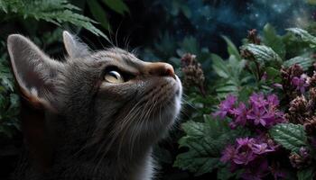 Inquisitive Cat Exploring a Garden at Night Nature Scene Copyspace Background photo