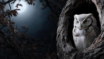 Owl Nesting in a Hollow Tree Trunk Under Moonlight Nature Scene Dark Background Copyspace photo
