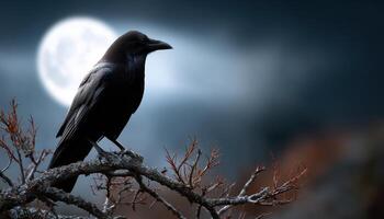 Silhouetted Crow Against Full Moon Night Sky Nature Imagery Mysterious Background Copyspace photo
