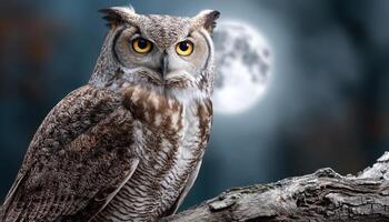 Majestic Owl Perched on Gnarled Branch Under Full Moon Nature Scene Background Copyspace photo