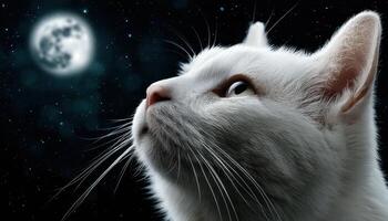 Dreamy White Cat Gazing at Full Moon Night Sky Photo with Background Copyspace