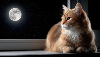 Fluffy Cat Gazing at Full Moon Cozy Windowsill Scene Nighttime Background Copyspace photo