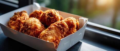 Crispy Fried Chicken Takeout Box Urban Kitchen Food Photography Natural Light Close-up Background Copyspace photo