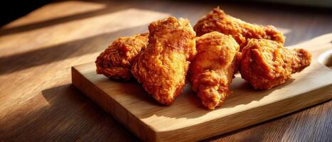 Crispy Fried Chicken on Wooden Cutting Board Natural Light Background Copyspace Available photo
