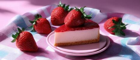 Delicious Strawberry Cheesecake Slice on Pink Background with Copyspace Whimsical Food Photography photo