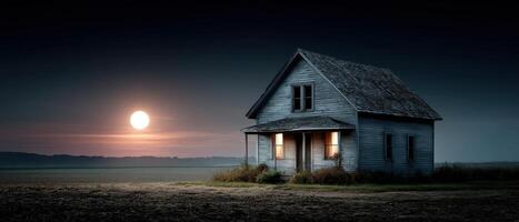 Spooky Farmhouse at Night Foggy Field Background Copyspace for Themes photo