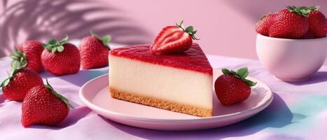 Delicious Strawberry Cheesecake Slice Whimsical Pink Background Food Photography Copyspace photo