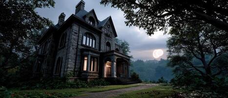 Mysterious Historic Mansion in the Woods Night Scene Background Copyspace for Spooky Themes photo