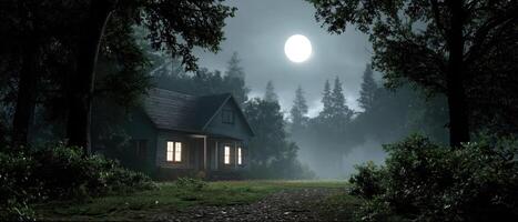 Sinister Cottage Illumination in Dark Woods Background with Copyspace photo
