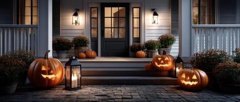 Halloween Decor Rustic Farmhouse Entrance Lanterns and Pumpkins Nighttime Background Copyspace photo