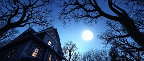 Eerie Nighttime Scene Gothic House Full Moon Dark Forest Atmospheric Background Copyspace photo
