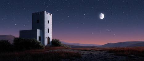 Mysterious Tower House Against a Starry Background Low Resolution Scenic View Copyspace photo