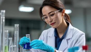 Scientific Experiment by Asian Young Woman in Lab Coat Modern Laboratory Background Copyspace photo