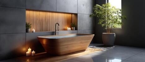 Modern Bathtub in Wooden Alcove Elegant Bathroom Relaxing Environment Soft Background Copyspace photo