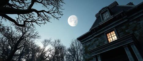 Eerie Gothic House Under Full Moon Haunting Atmosphere Background Copyspace photo
