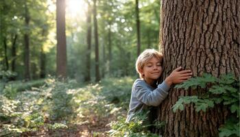 Gommy Child Hugging Sturdy Oak Tree in Sunny Forest Background Copyspace for Nature Lovers photo