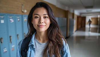 Young Asian Woman with Backpack Walking in School Hallway Background with Copyspace photo