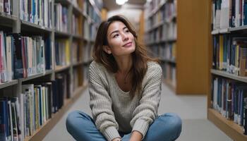 Studious Asian Woman Reading in Cozy School Corner Background with Bookshelves Copyspace for Quotes photo
