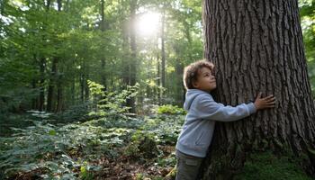 Child Embracing a Sturdy Oak Tree in a Lush Forest Nature Background Copyspace photo
