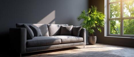 Stylish Cozy Living Room with Gray Sofa and Green Plants Modern Interior Design Soft Lighting Background Copyspace photo