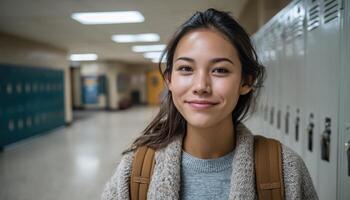 Young Woman with Backpack in School Hallway Friendly Background Copyspace for Text photo
