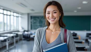 Smiling Asian Young Woman with Textbooks in Classroom Background Copyspace Educational Concept photo
