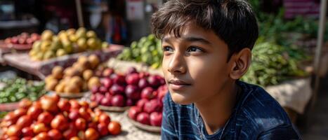 Indian Boy Exploring Colorful Market in Sunlight Background Copyspace Vibrant Scene photo