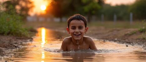 Indian Boy Splashing in Shallow Puddle at Sunset Background Copyspace Warm Environment photo