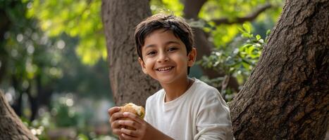 Indian Boy Enjoying a Picnic Under a Large Tree with Background Copyspace photo